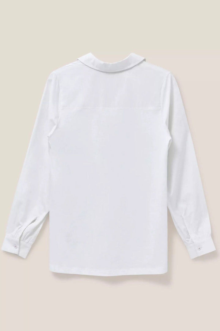 Chemise à manches longues blanche avec col en V et boutons, vue arrière.