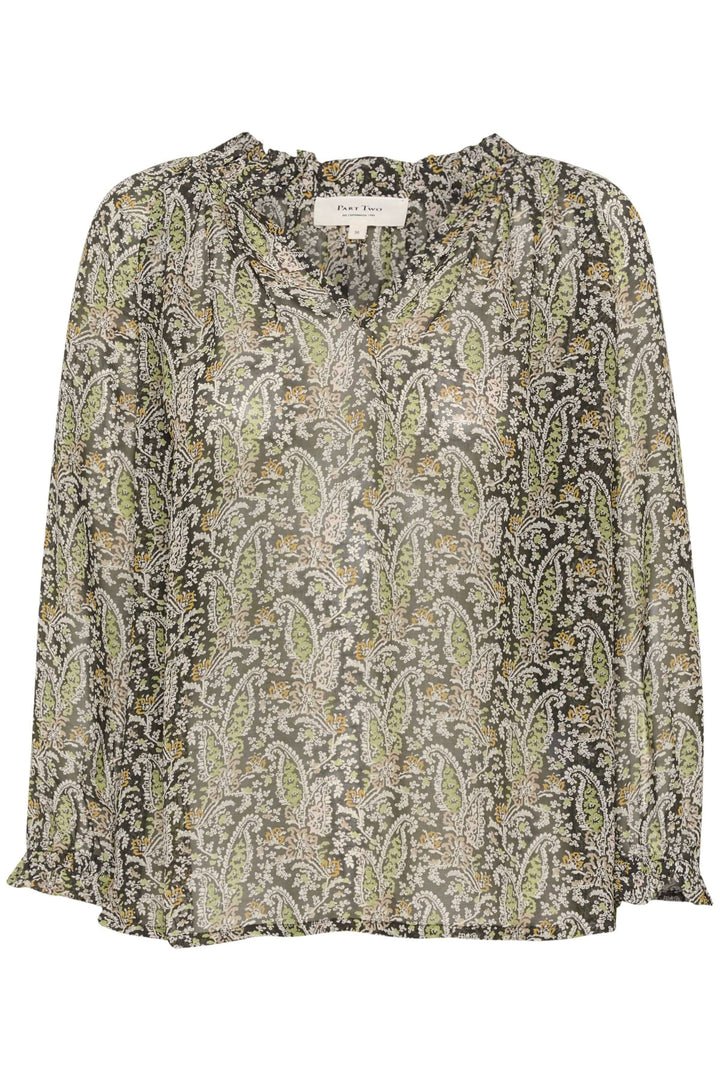 Blouse Elsia en 100% viscose, coupe décontractée, manches 3/4, imprimé coloré sur fond clair.