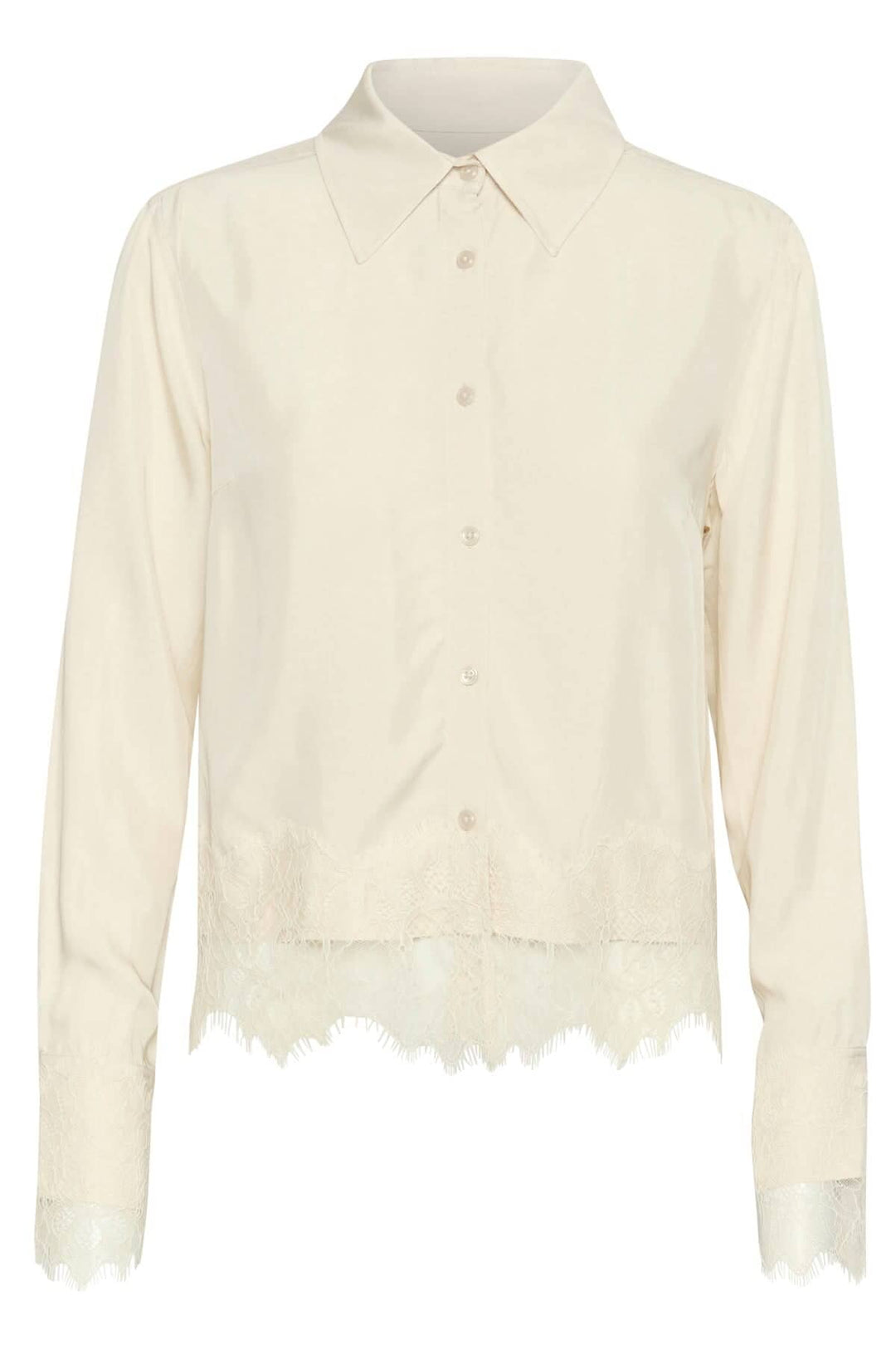 Chemise Lenina en beige avec dentelle, manches longues et boutons, idéale pour un look élégant au quotidien.