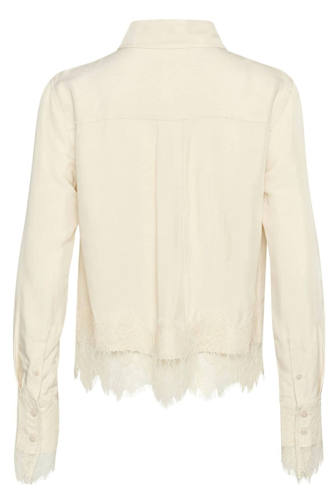 Chemise Lenina beige avec dentelle au bas, manches longues, vue arrière, élégante pour toute occasion.