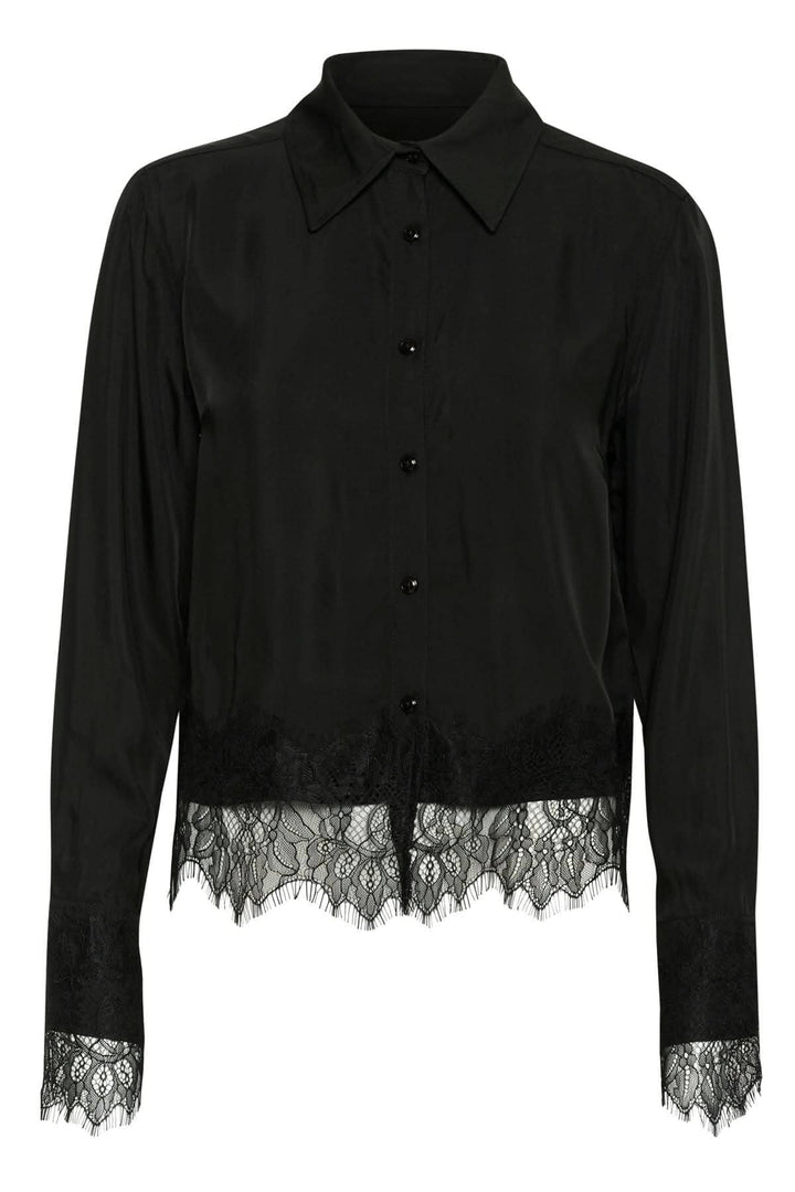 Blouse Lenina en noir, avec dentelle, manches longues et col classique, parfaite pour occasions spéciales.