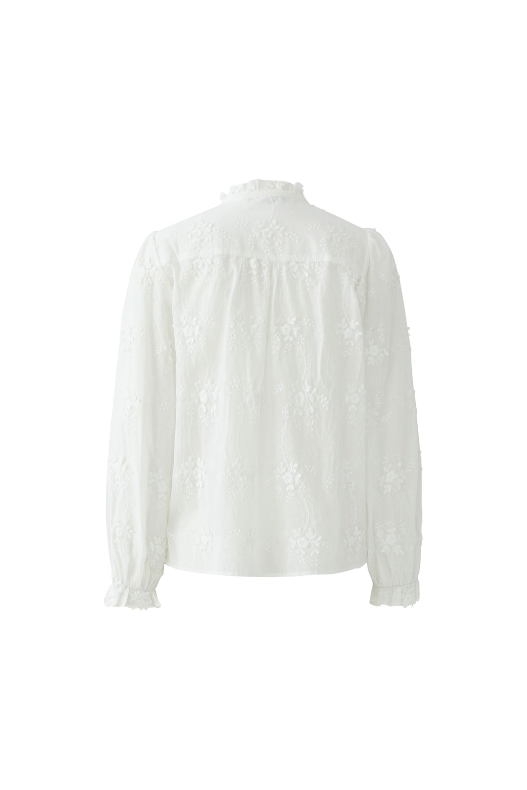 Blouse à broderies florales en dentelle blanche vue de dos, avec col montant froncé et manches longues élégantes.