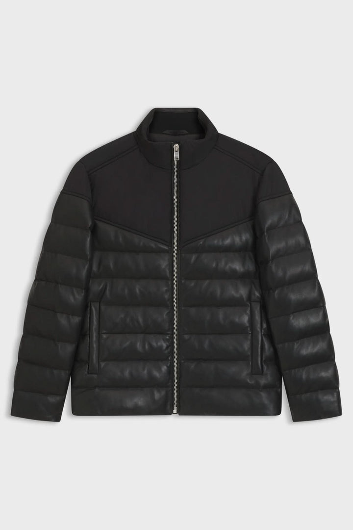 Blouson en cuir d’agneau avec col montant et finitions côtelées, élégance et confort pour un style intemporel et moderne.