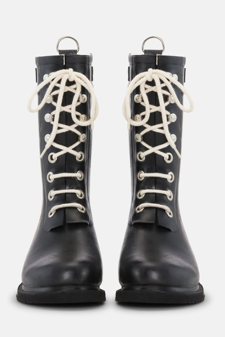 Bottes d’hiver imperméables à lacets en caoutchouc noir avec doublure chaude et semelle antidérapante.