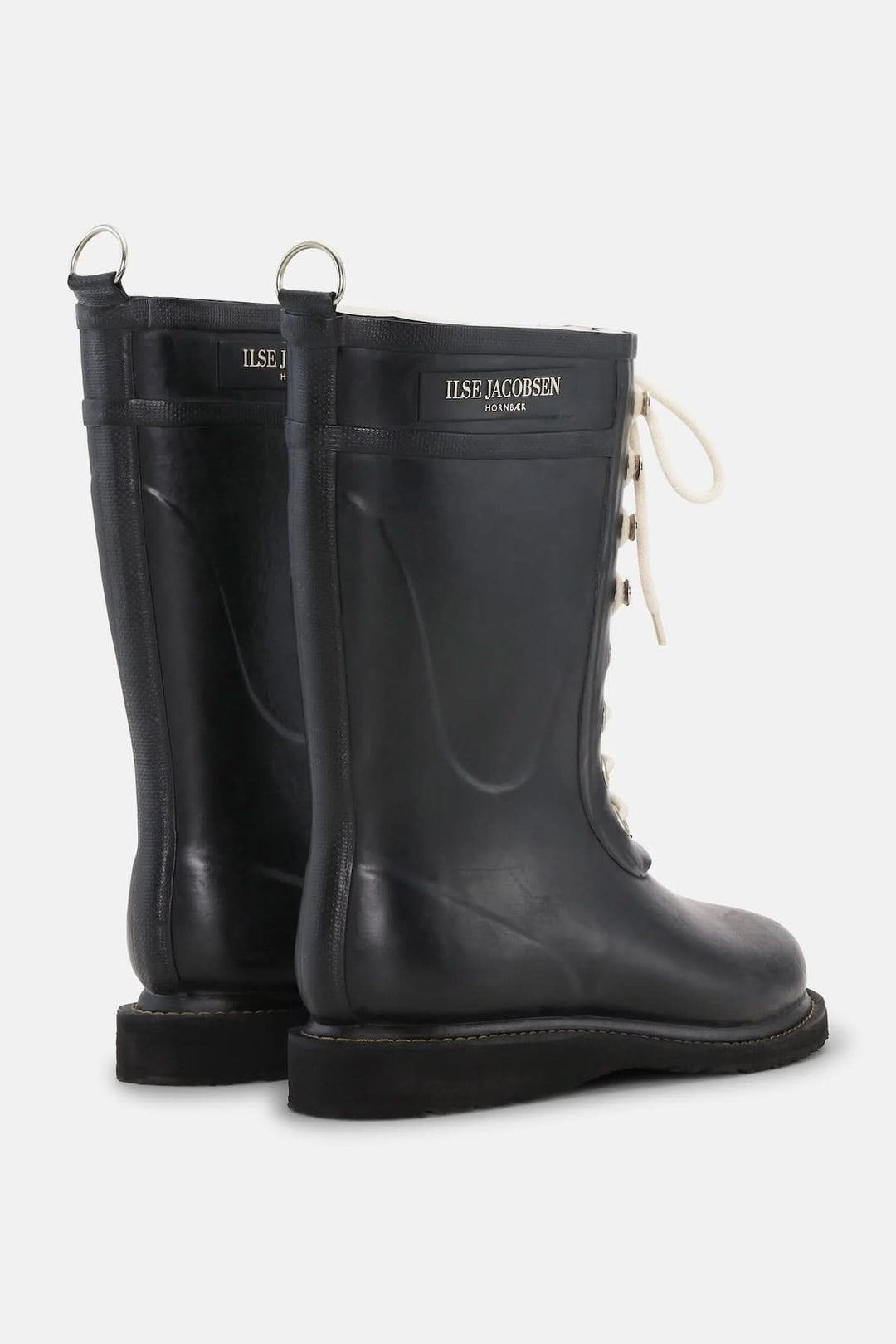 Bottes d’hiver imperméables à lacets noires en caoutchouc avec semelle antidérapante, vue arrière avec détails du laçage.
