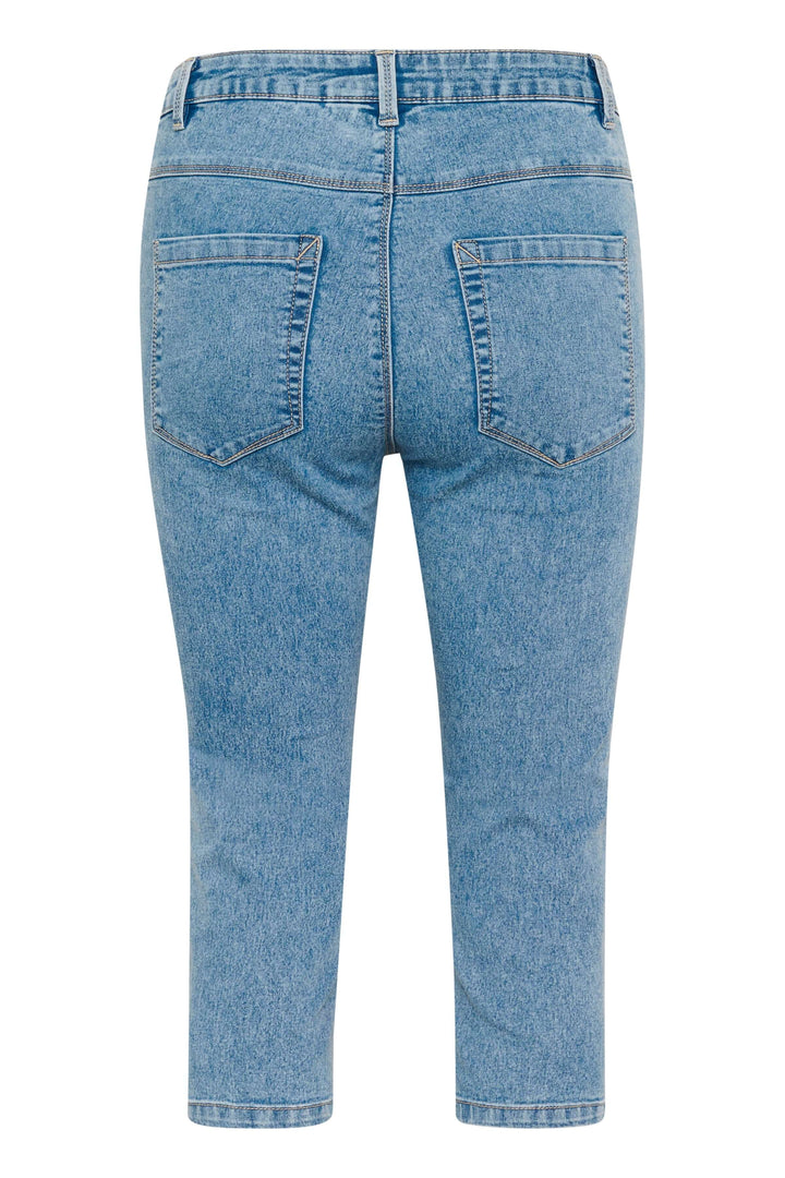 Vue arrière du capri Vicky en denim extensible, coupe ajustée et longueur sous le genou, avec cinq poches.