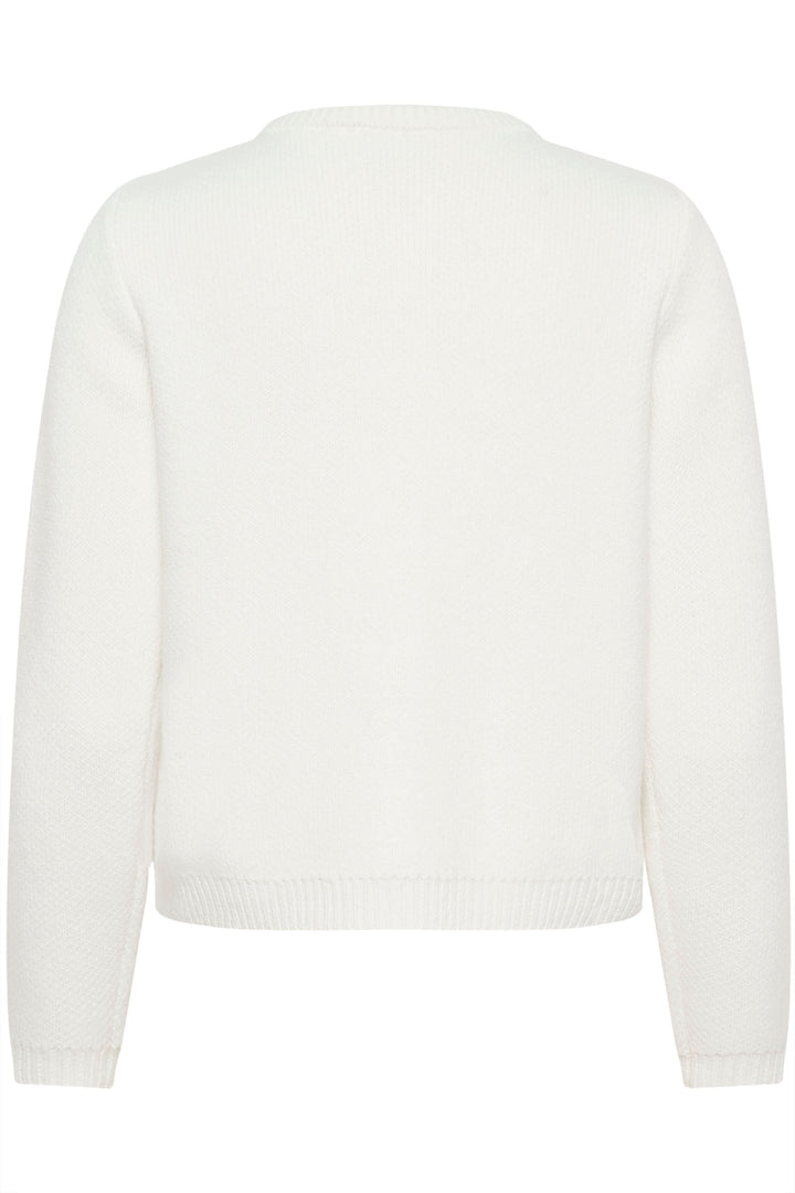 Cardigan Bowie blanc au style délicat, maille fine, coupe droite, encolure arrondie pour une élégance quotidienne raffinée. 