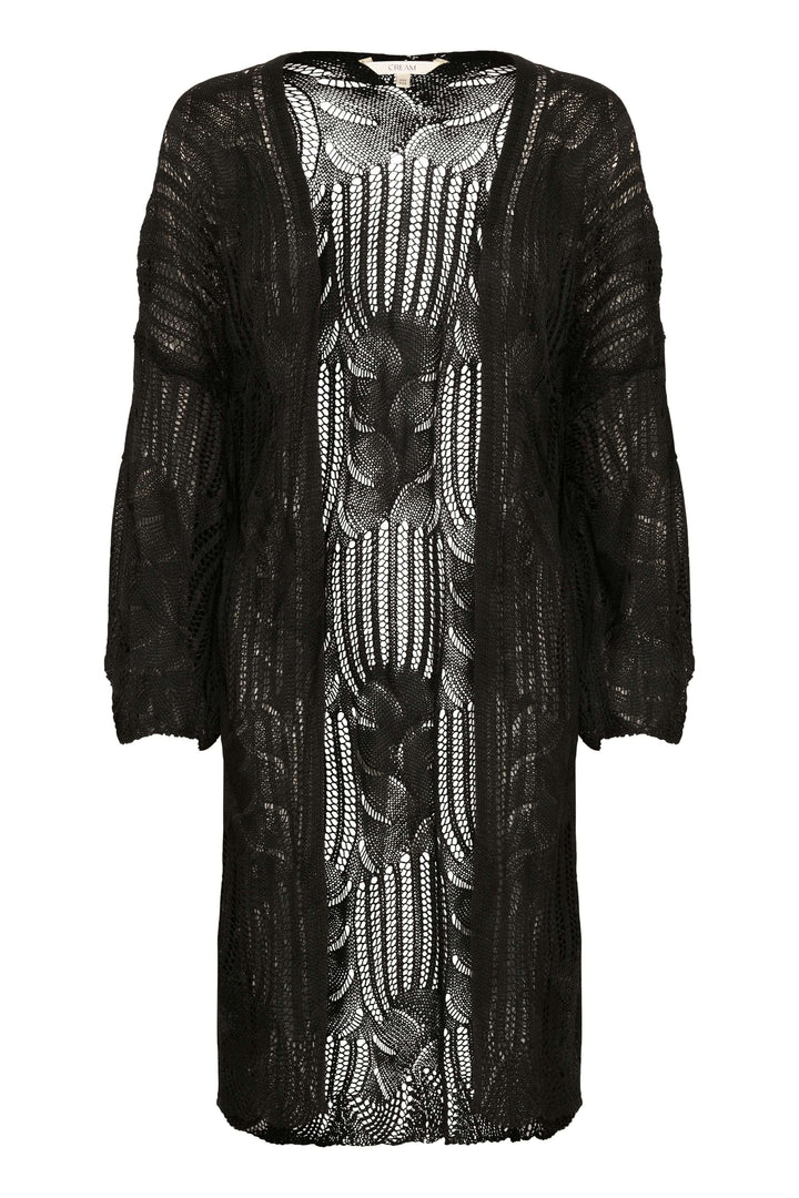 Cardigan long en tricot ajouré noir avec motifs floraux et géométriques, idéal pour un look bohème chic.