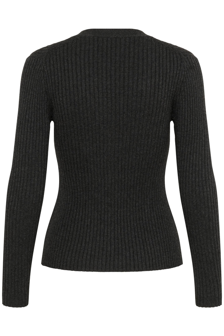 Vue arrière du Cardigan Gia en maille côtelée noire avec encolure en V et coupe ajustée.
