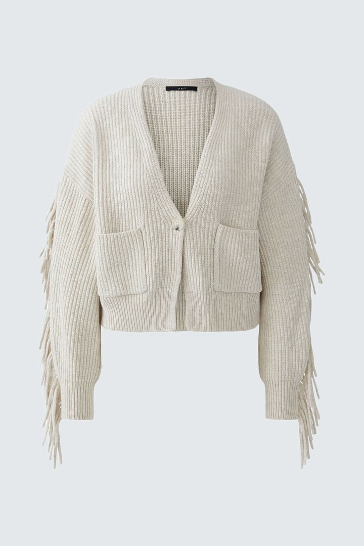 Cardigan avec franges tricoté en laine et coton, avec poches plaquées et décolleté V pour un style moderne et confortable.