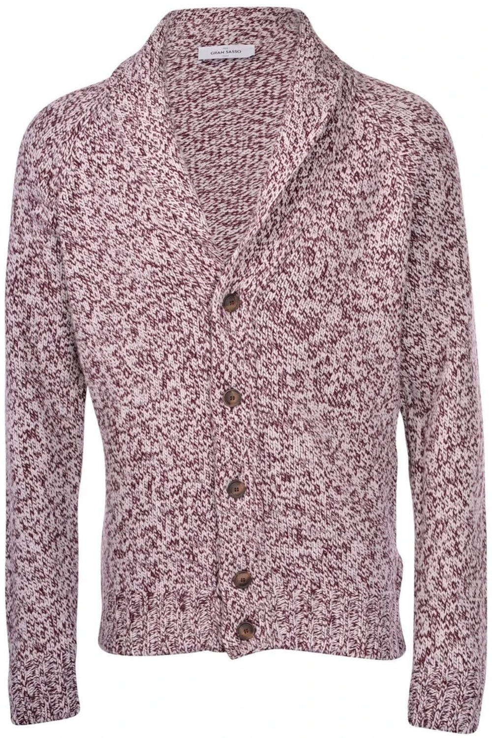 Cardigan à col châle, mélange de fils bordeaux et blancs, boutons en bois, style décontracté et élégant.