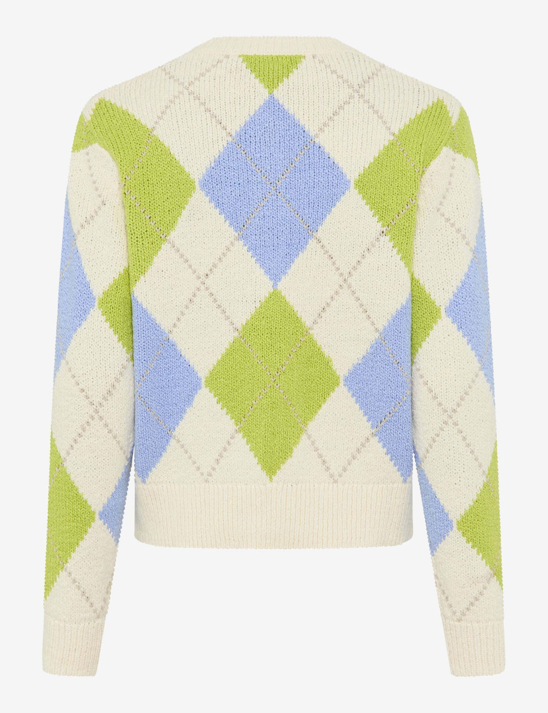 Cardigan court à motif losanges ANN en maille rétro avec losanges verts et bleus, fermeture boutonnée, coupe féminine moderne.