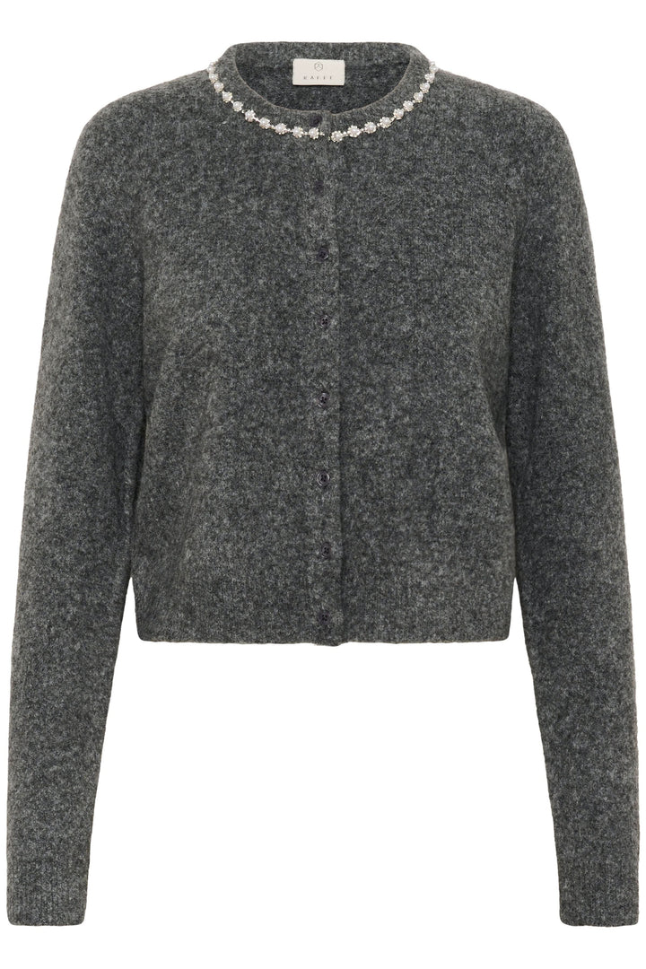 Cardigan en laine bouclée à col orné avec perles et strass, parfait pour une tenue élégante et féminine.