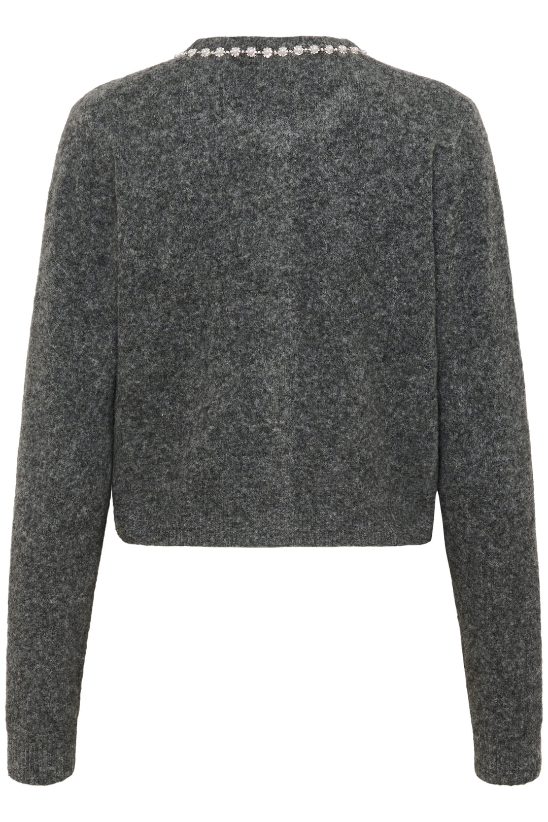 Cardigan en laine bouclée à col orné avec détail de perles et strass, vu de dos, montrant la texture à la mode.