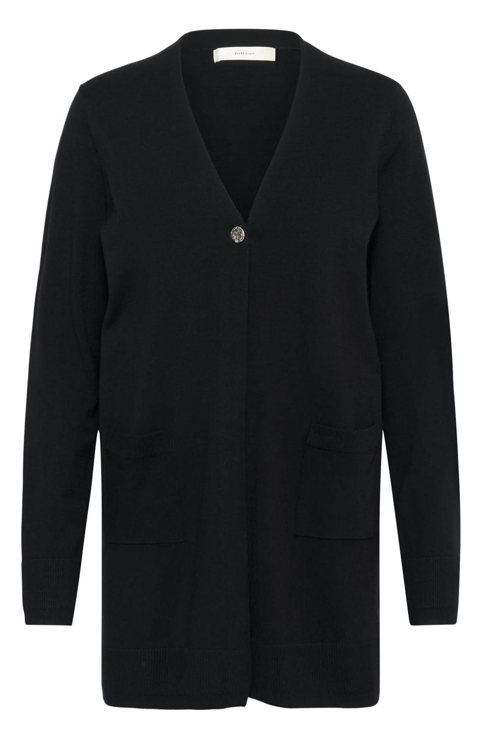 Cardigan long boutonné Miko, col V, coupe droite, poches plaquées, noir, élégant et confortable.