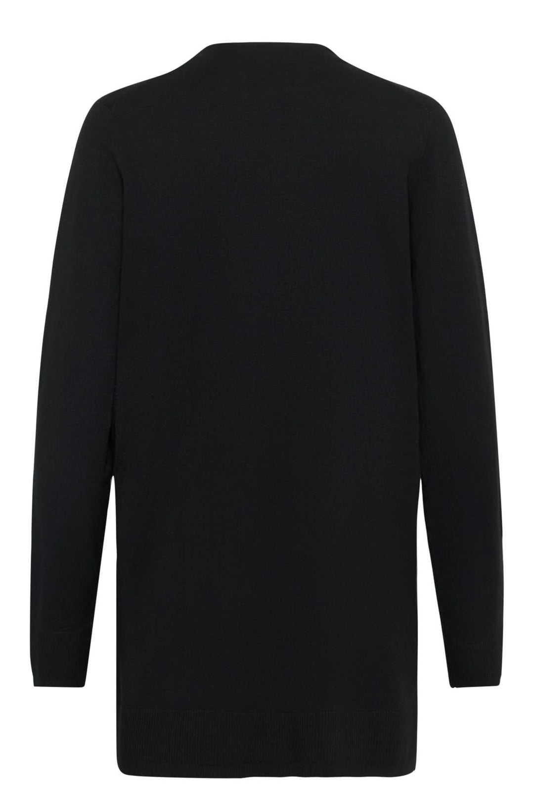 Vue arrière du cardigan long boutonné Miko noir, silhouette épurée avec col V.