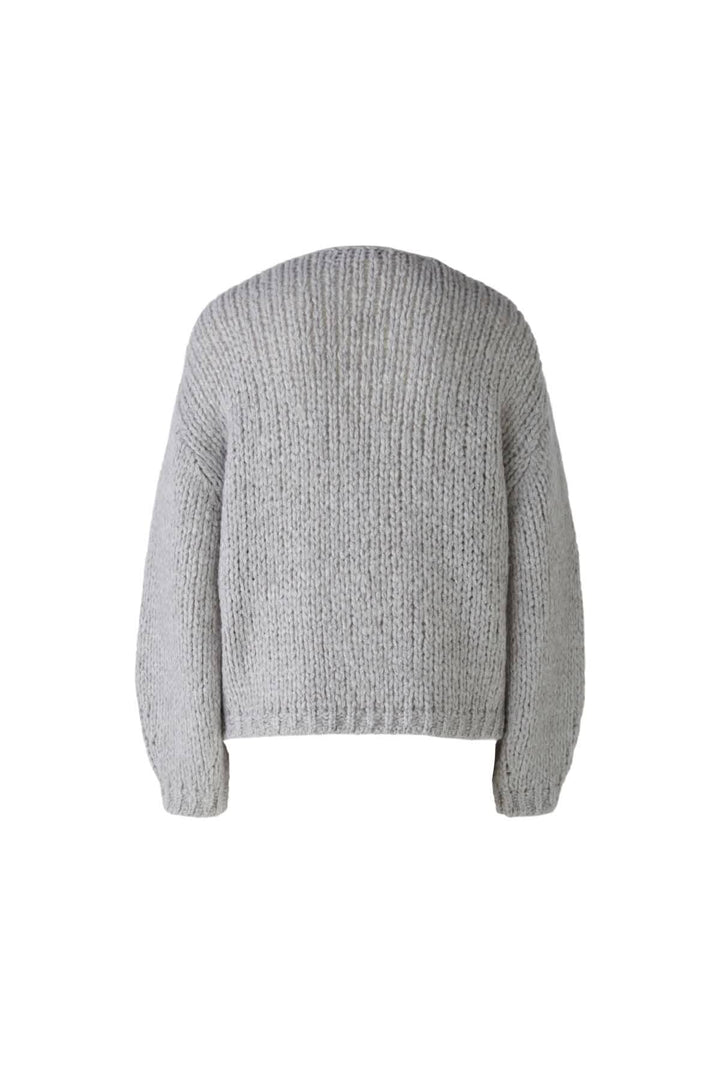 Cardigan sans bouton gris, dos, encolure en V, manches longues, tricot fait main, style décontracté.