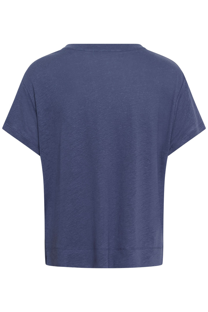 Chandail Anemona bleu avec encolure ronde et manches courtes tombantes, style minimaliste pour une tenue polyvalente et moderne.