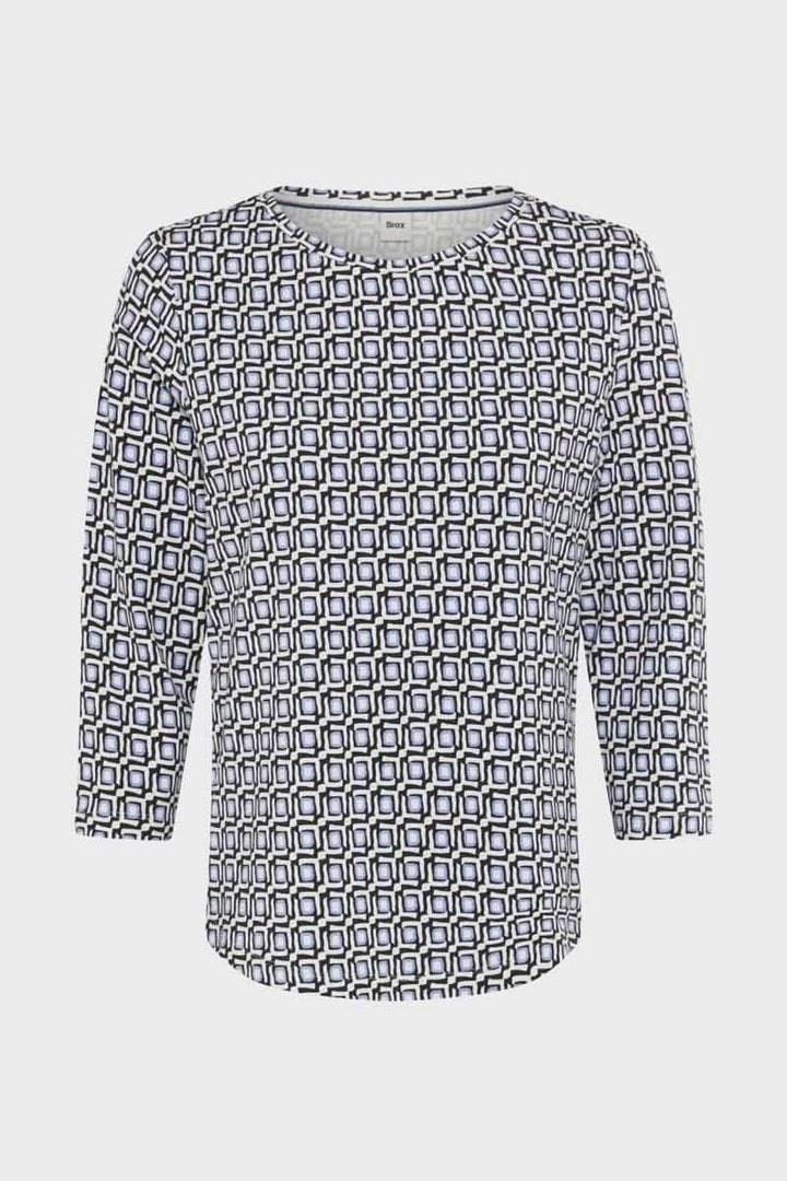 Chandail Carinam à motif géométrique avec coupe droite et manches trois-quarts, idéal pour un look moderne et graphique.