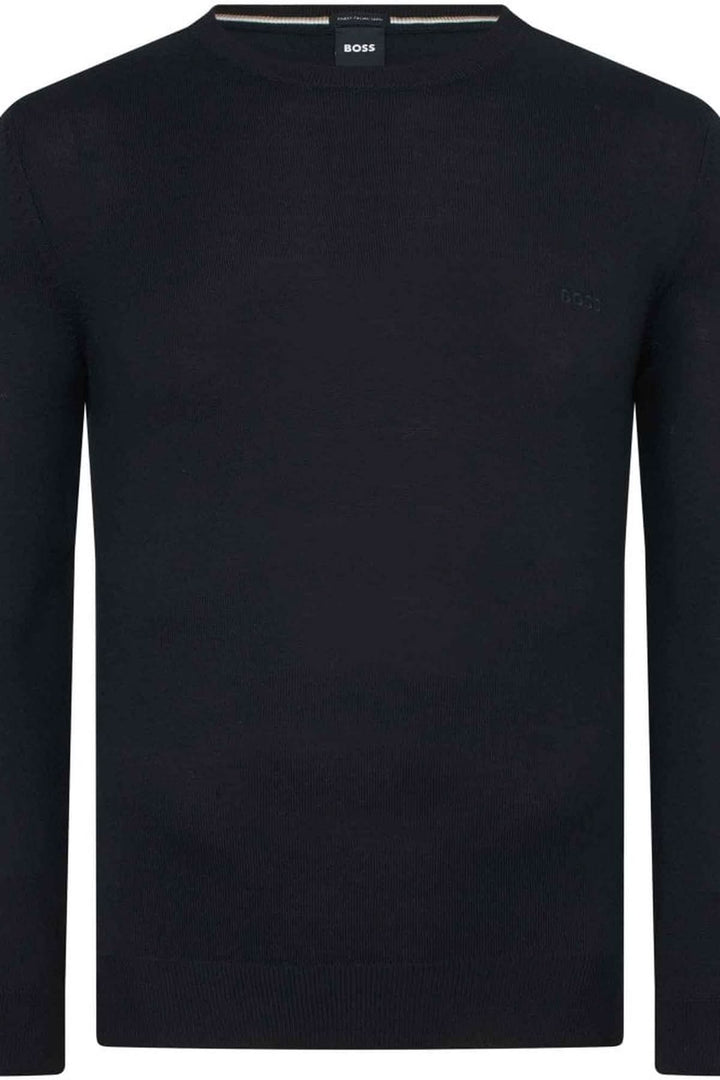 Chandail en laine vierge Botto, coupe régulière, col rond, couleur noire, essentiel masculin élégant et confortable.