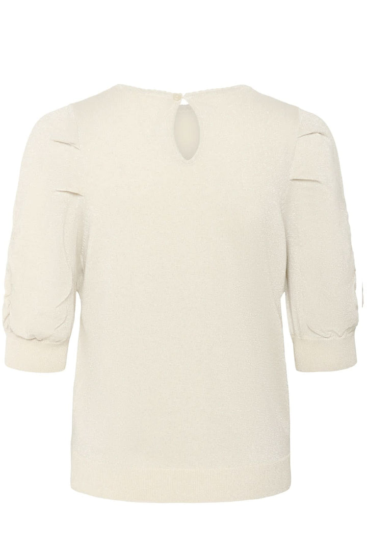 Chandail scintillant Varaia avec manches courtes et encolure ronde, texture brillante pour un look élégant et raffiné.