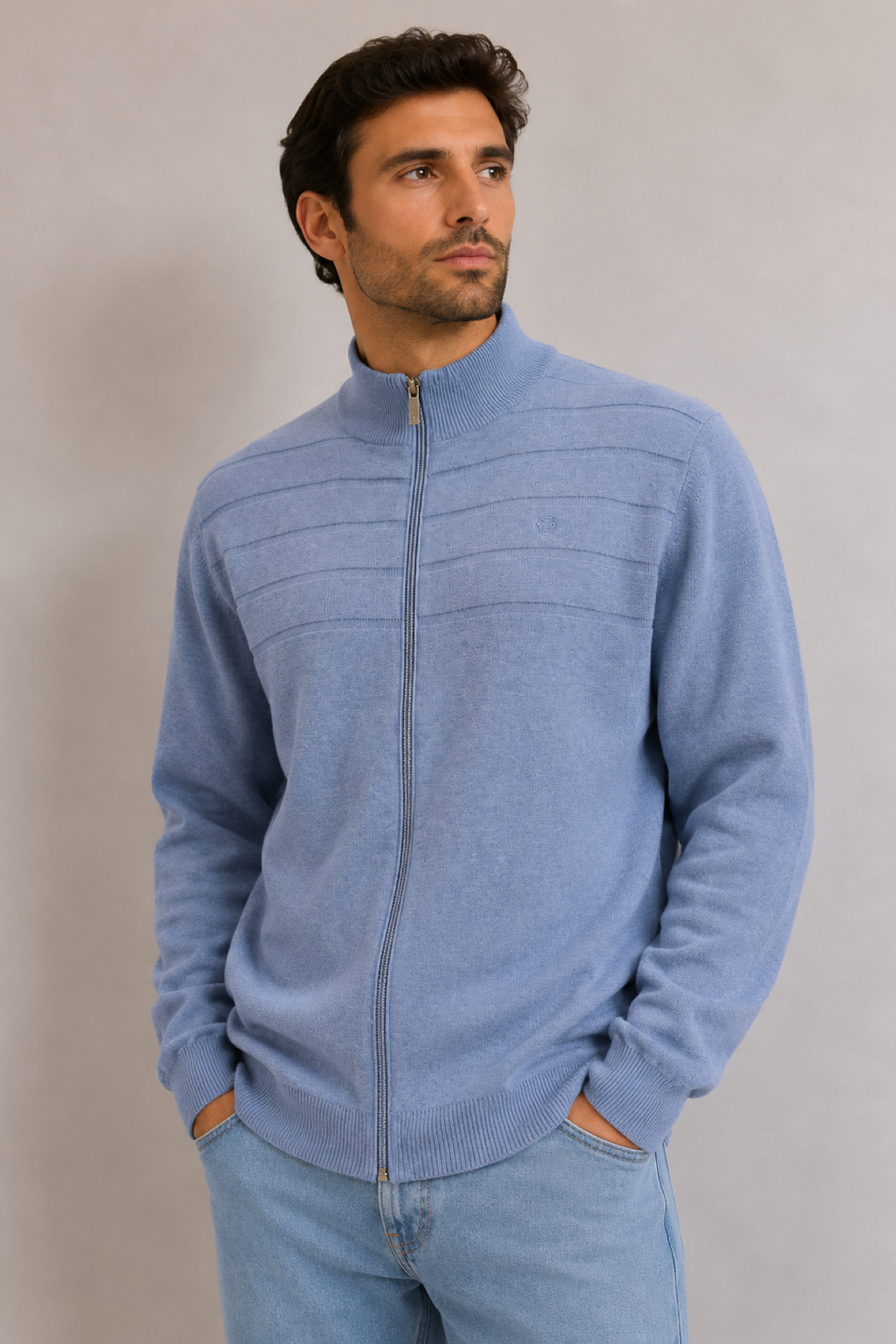 Zip-up cardigan with a high neck