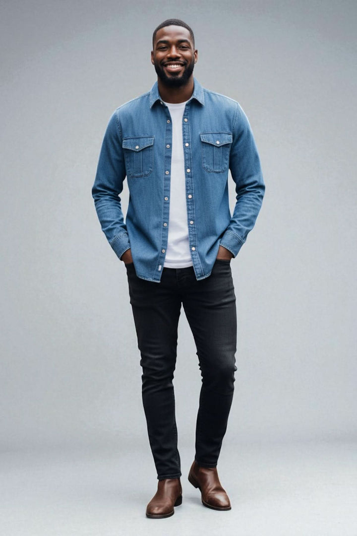 Homme portant une chemise en denim poches poitrine et boutons nacrés avec col cut away, style moderne et raffiné.