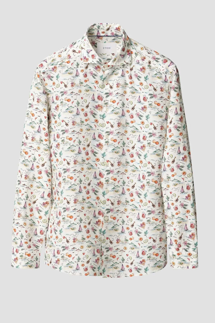 Chemise en lin légère avec imprimé estival coloré de fruits et parasols, parfaite pour une tenue d&