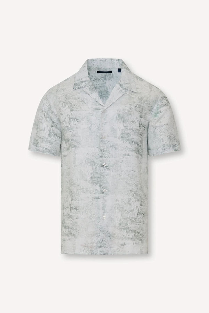 Tropical-print linen shirt with a mandarin collar