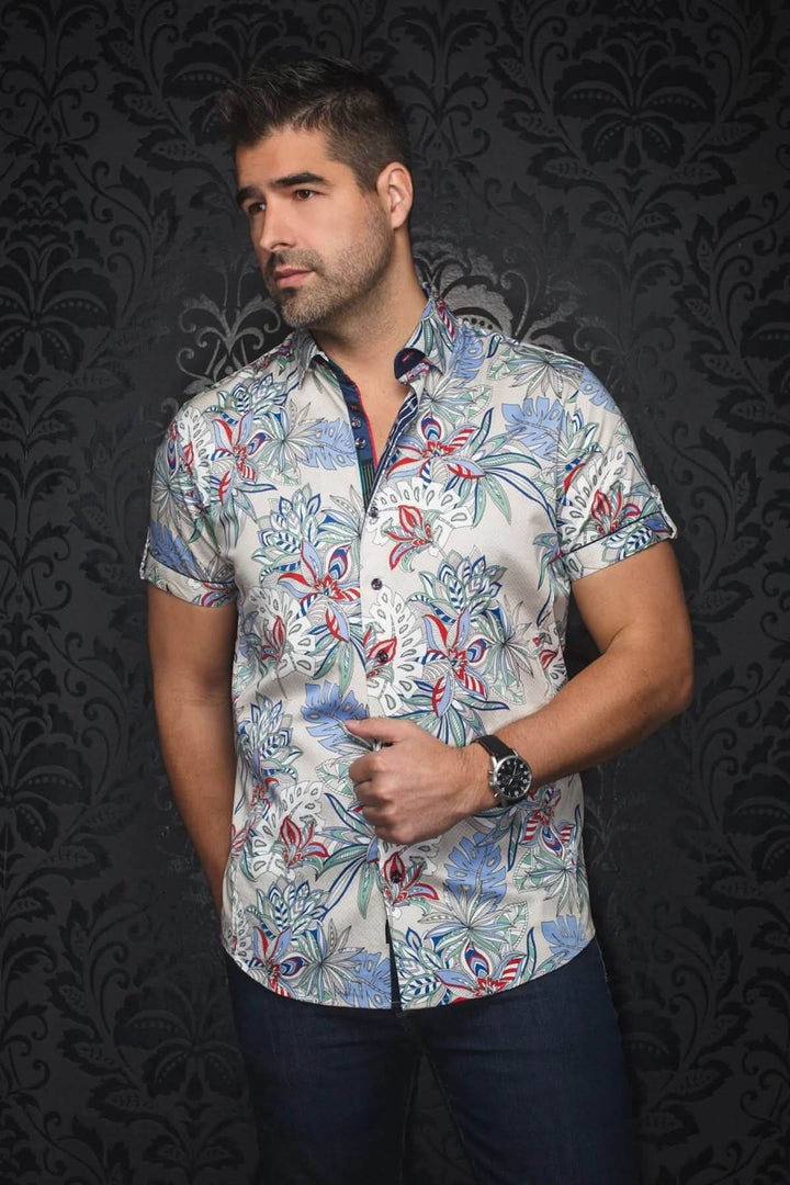 Chemise à manches courtes Corrado, imprimé feuillage coloré, pour un look estival élégant.