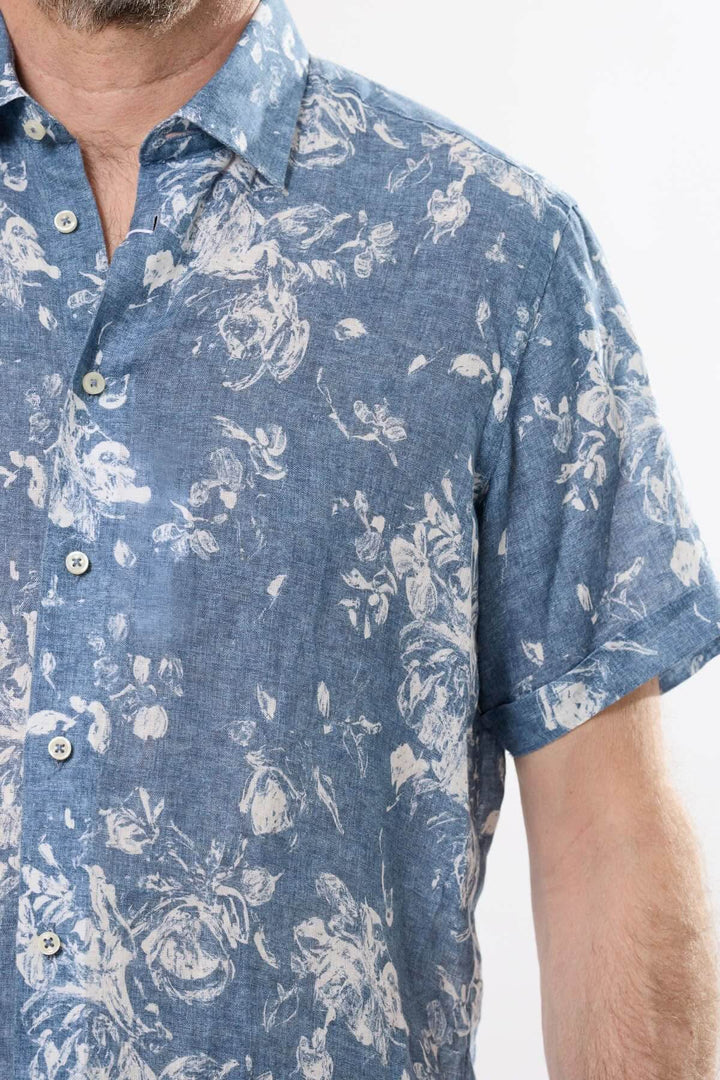 Chemise à manches courtes homme en chambray avec motif floral, élégante et confortable pour l&