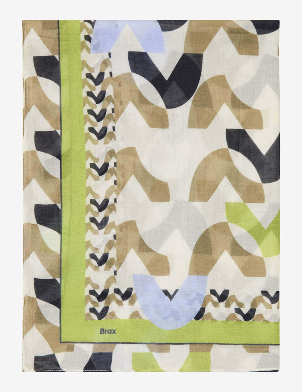 Foulard imprimé graphique JANINE avec motifs géométriques et bordure verte, accessoire mode moderne et léger en tissu fluide.