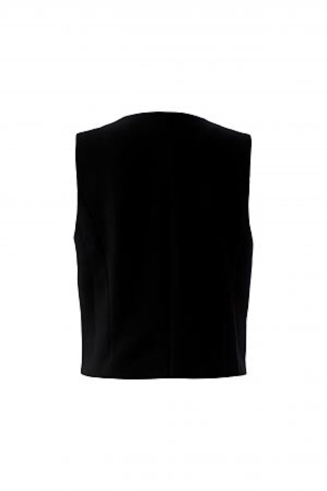 Haut sans manches boutonné noir avec coupe droite et encolure ronde, idéal pour une tenue moderne et élégante.