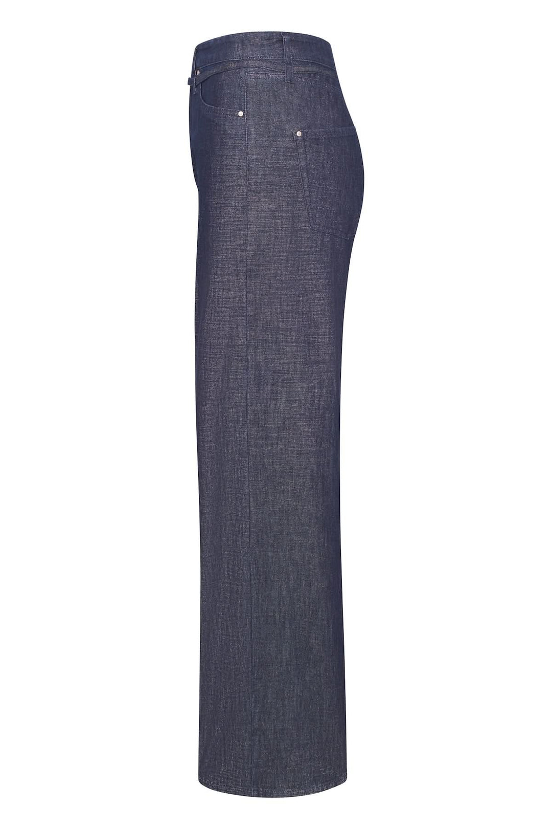 Jean à ceinture à jambe large avec taille mi-haute et silhouette structurée, idéal pour un look élégant et confortable.