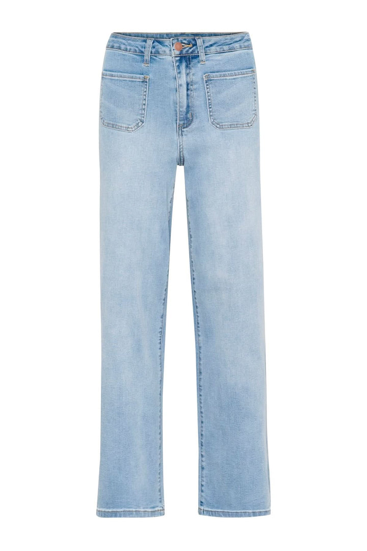 Jean à coupe large en denim bleu, taille haute avec grandes poches, style vintage moderne.