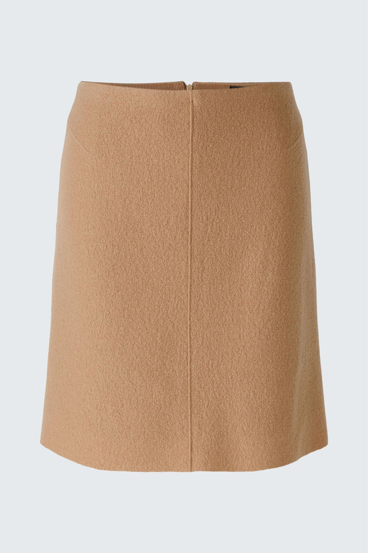 Jupe courte en lainage, taille haute, marron clair, élégante et structurée avec fermeture à glissière au dos, pour un look raffiné.