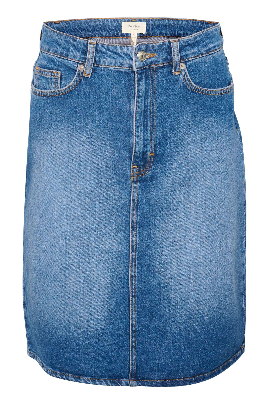 Jupe en denim Leja, classique et flatteuse, avec taille mi-haute et cinq poches pratiques.