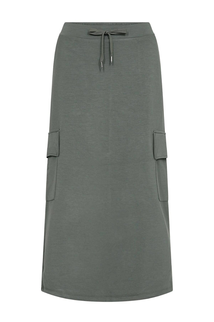 Jupe longue souple en modal, taille élastique, design trapèze, poches latérales, couleur verte, longueur midi.