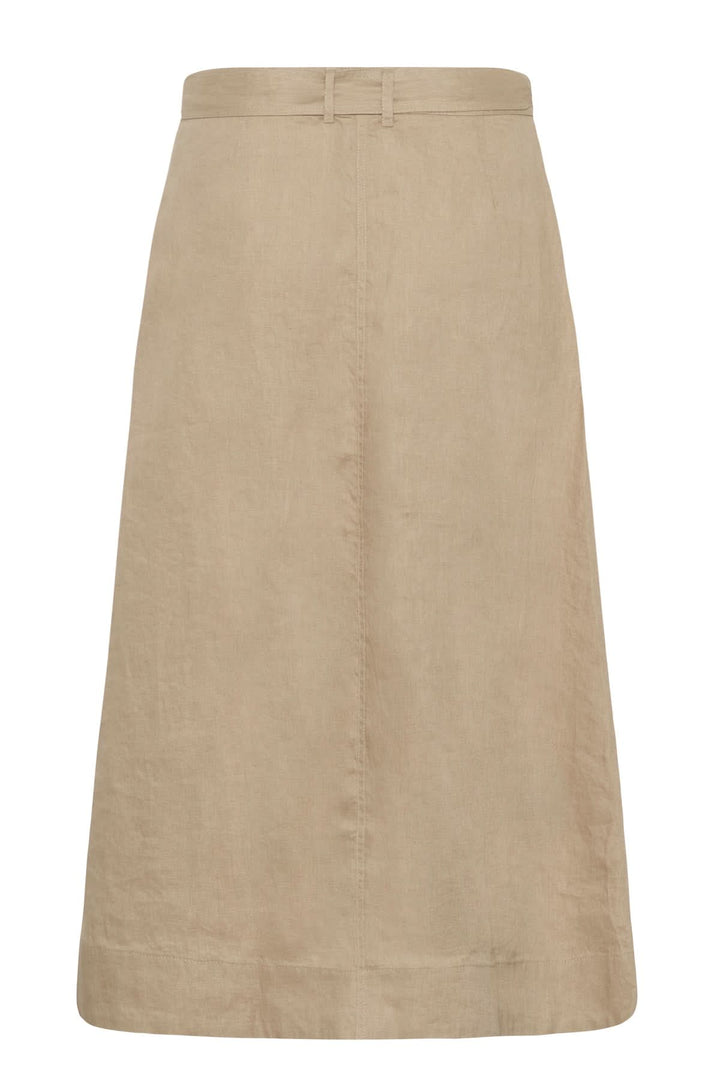 Jupe porte-feuille Arbella midi beige avec design portefeuille et taille ajustable, idéale pour un style décontracté et soigné.