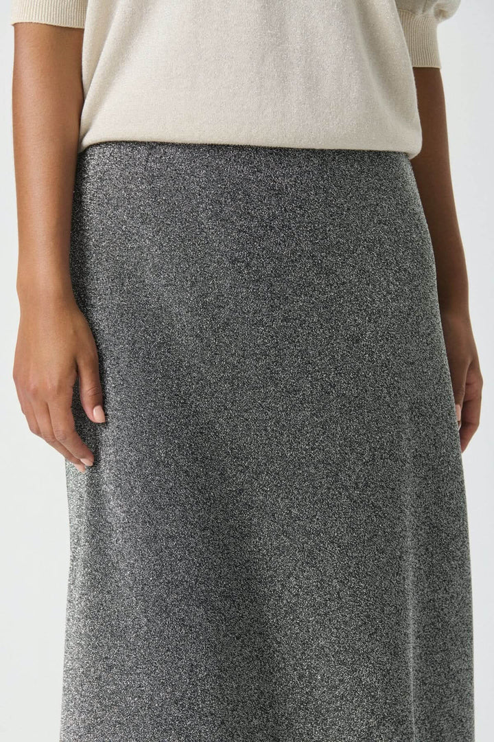 Jupe scintillante Viebe, jupe midi fluide avec effet métallisé et taille élastique, idéale pour une allure féminine et festive.
