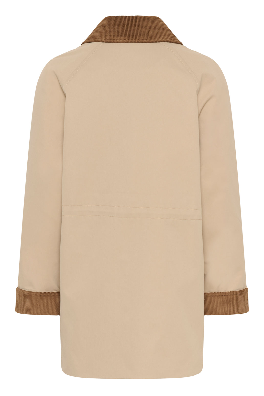 Vue arrière du Manteau Jaxy avec col et revers en velours côtelé contrastant, coupe droite et poches appliquées, idéal pour mi-saison.