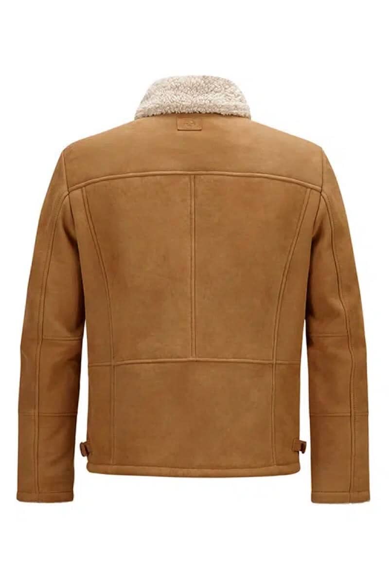 Manteau en cuir robuste en daim de chèvre avec col en fausse fourrure, vue arrière.