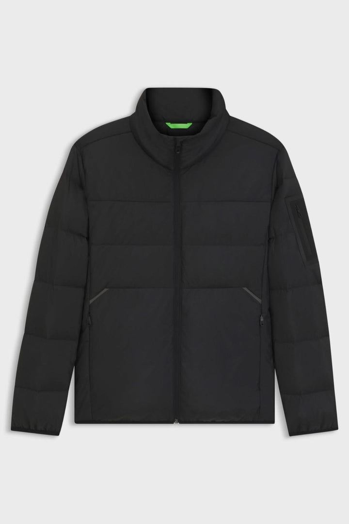 Manteau matelassé déperlant en duvet avec poche sur la manche, BOSS, chaleur et légèreté, tissu réfléchissant, coupe droite, couleur noire.