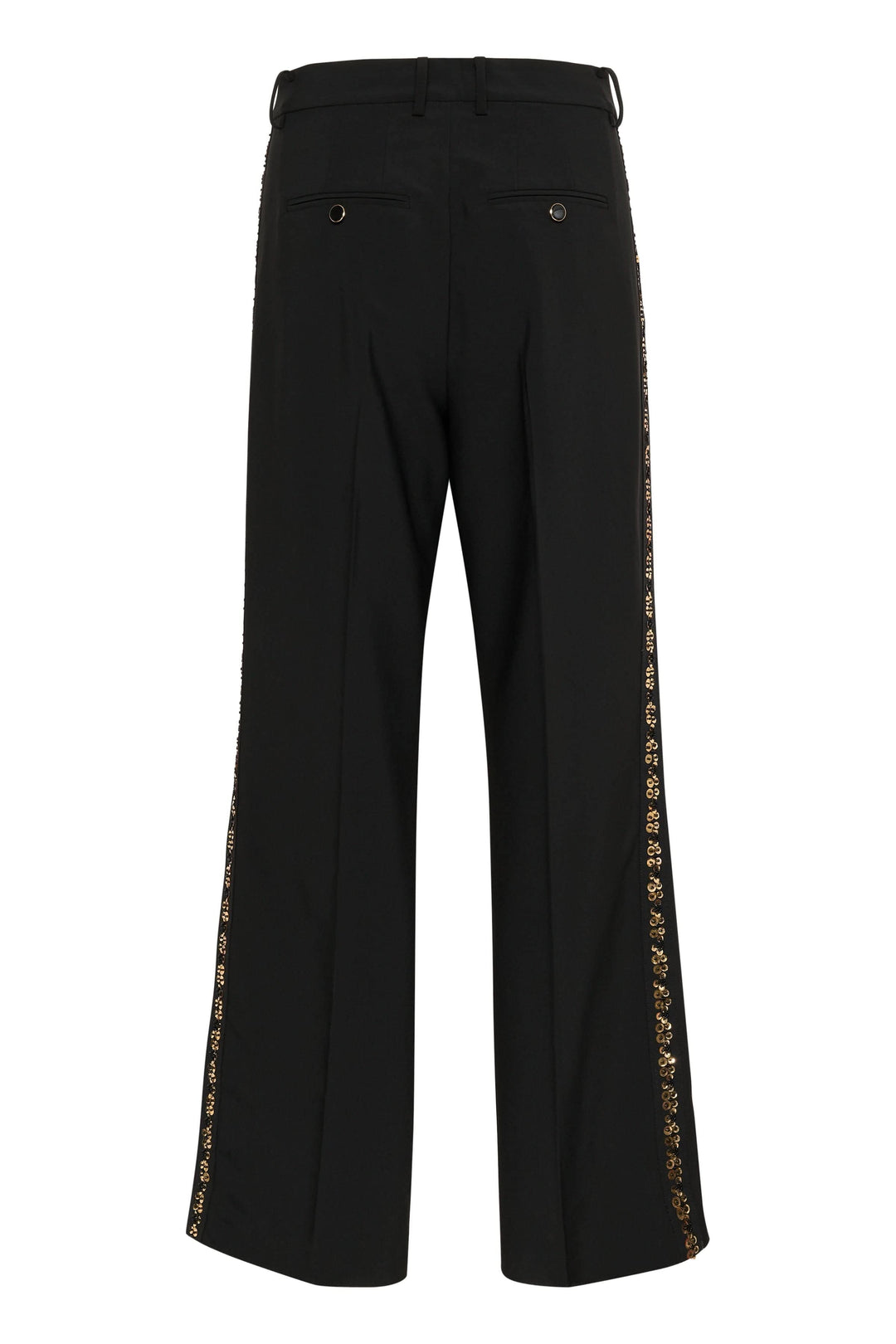 Pantalon noir large CHERRAS avec bande brodée dorée sur les côtés, vue arrière élégante.