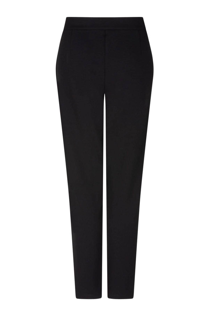 Pantalon classique à jambe droite, noir, en polyester avec poches et boutons dorés décoratifs.