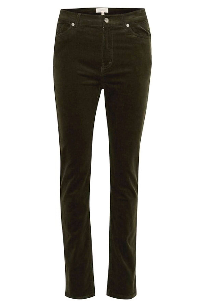 Pantalon en velours côtelé Rana, taille haute, jambe droite, 5 poches, légèrement extensible, couleur verte.