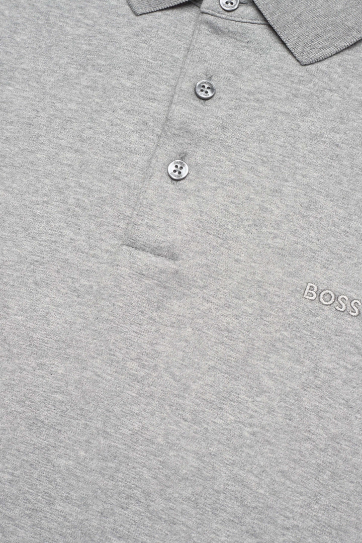 Polo manches longues Pado en coton interlock gris avec col plat et trois boutons, style élégant décontracté BOSS.