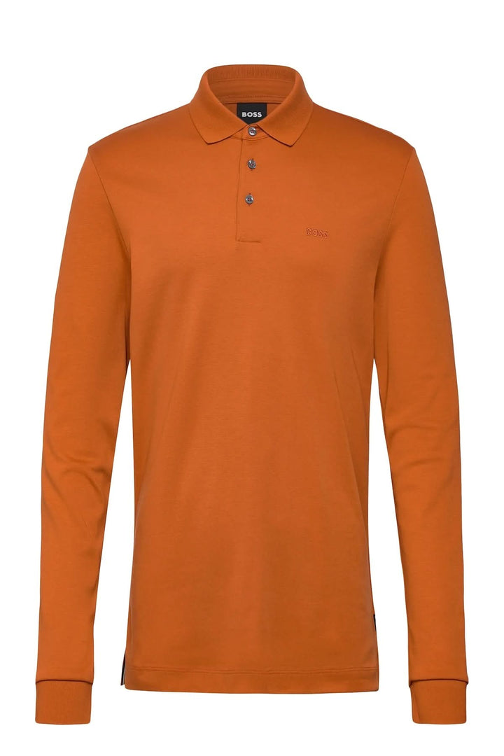 Polo manches longues Pado en coton interlock orange élégant et décontracté pour homme, avec col plat, patte à trois boutons signé BOSS.