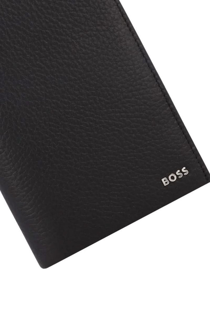Portefeuille en cuir grainé noir avec logo métallique discret, idéal pour le style et la fonctionnalité de l&