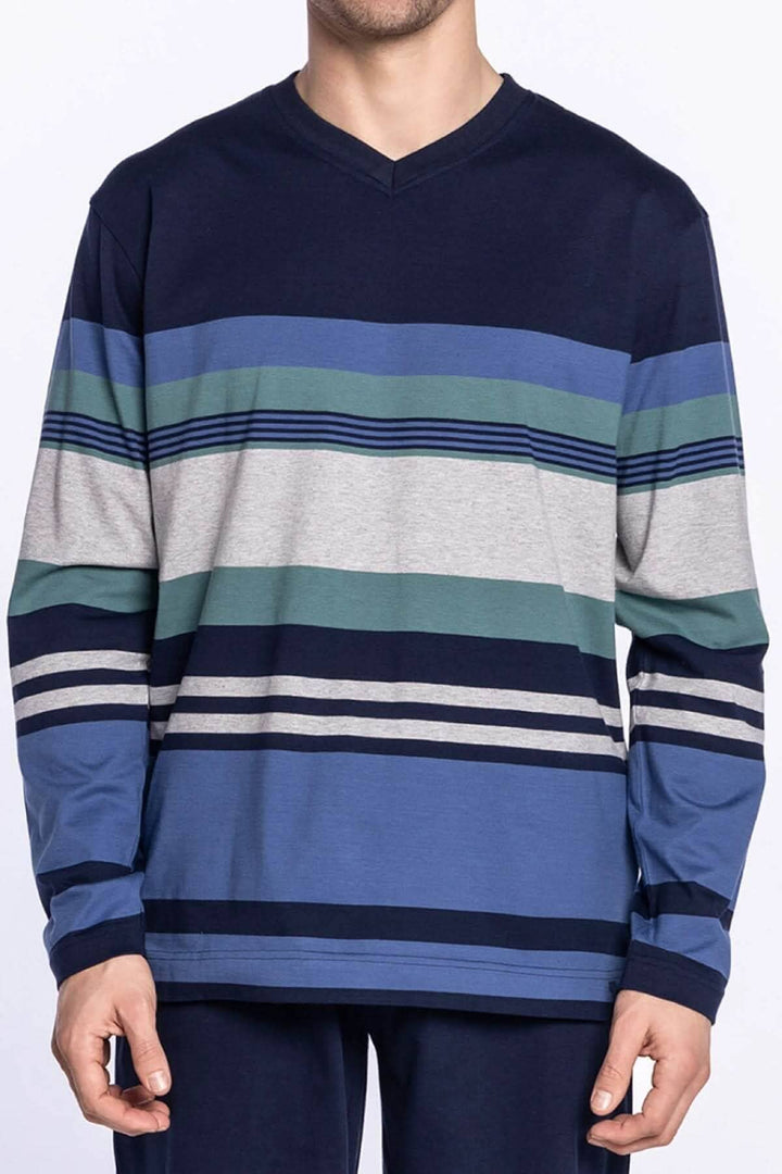 Pyjama Icy rayé, t-shirt long en coton bleu et gris, col en V, manches longues, rayures élégantes.